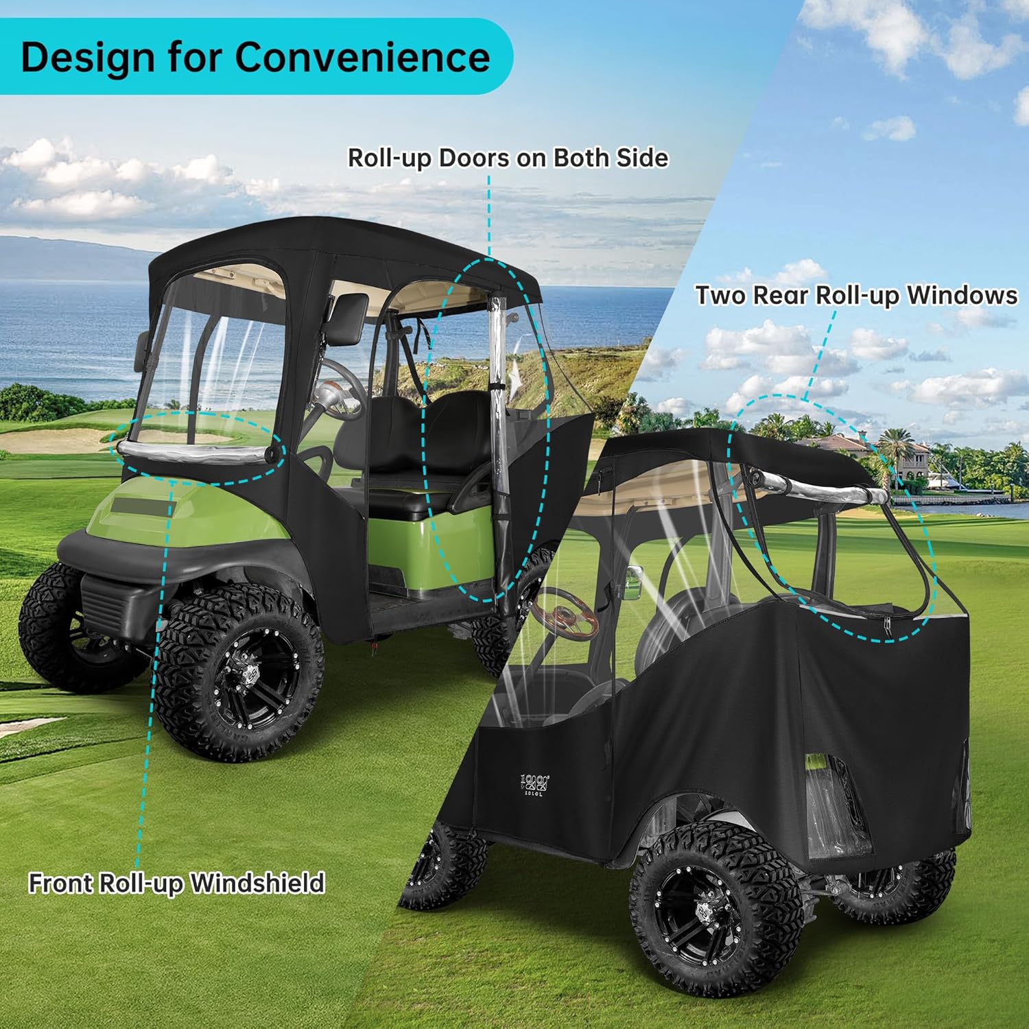 2 Passenger Golf Cart Enclosure Cover, All Weather Waterproof, 4-Sided Clear Window, Roll-up Zipper Door Y2904