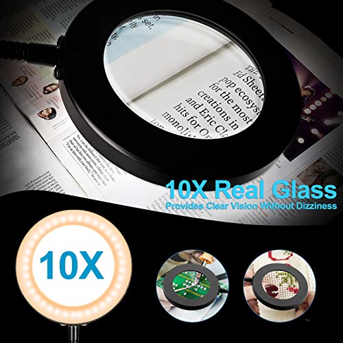 10X Magnifying Glass with Light and Stand, Flexible Gooseneck Desk Lamp & Clamp, 3 Modes Dimmable LED L456