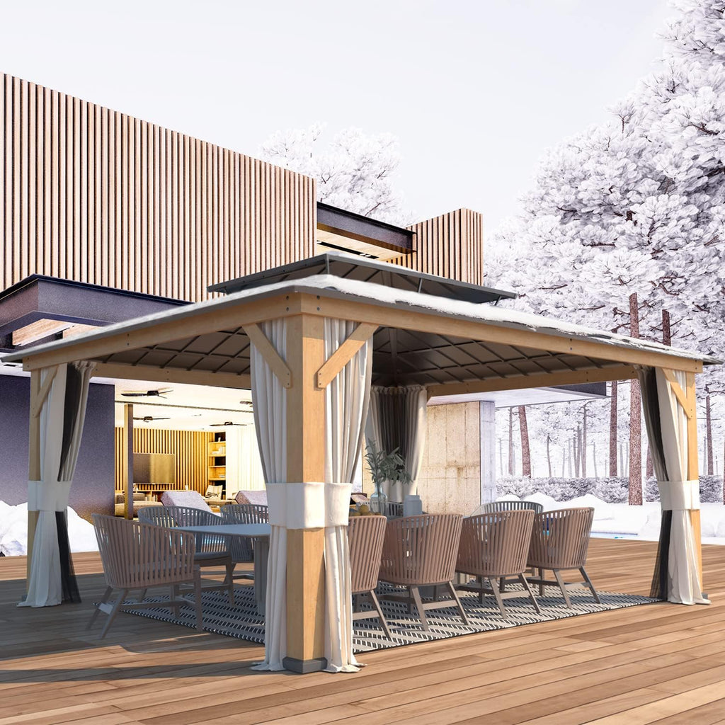 13'x15' Wood Gazebo with Netting and Curtains C6231