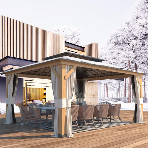 13'x15' Wood Gazebo with Netting and Curtains C6231