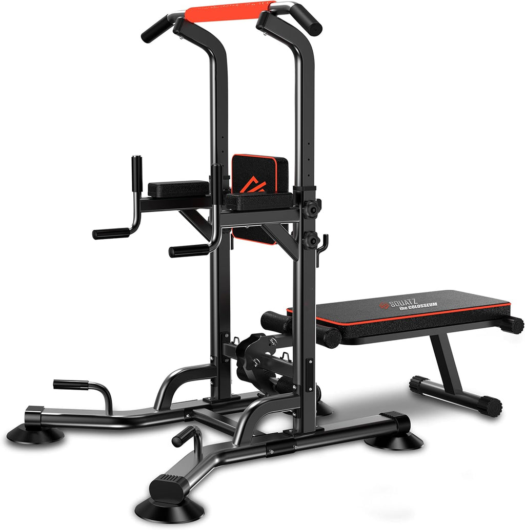 SQUATZ Pull-Up Workout Station with Bench - Multifunctional Gym Equipment Setup w/Pulling Bar, Sit-Up Board, Backrest, Elbow Pad, & Steel Main Frame, Great for Home Exercise and Weight Training
