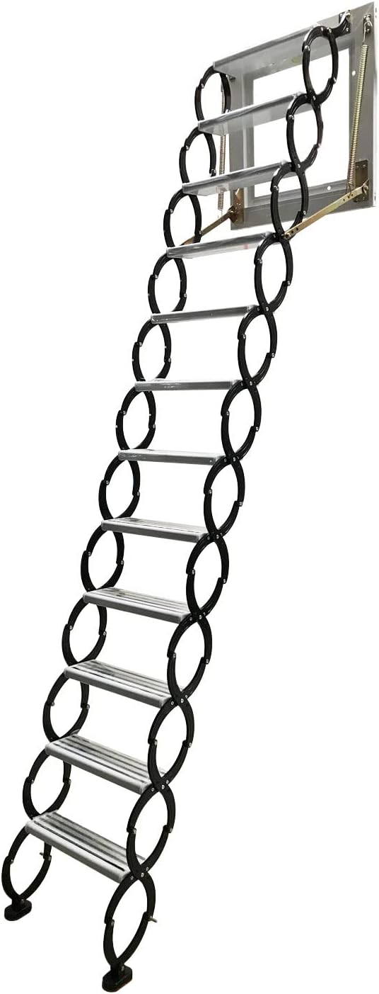 Attic Ladder Steps Pull Down 12 Steps, Wall-mounted Folding Stairs with Armrests, 9.8 ft Height T523752