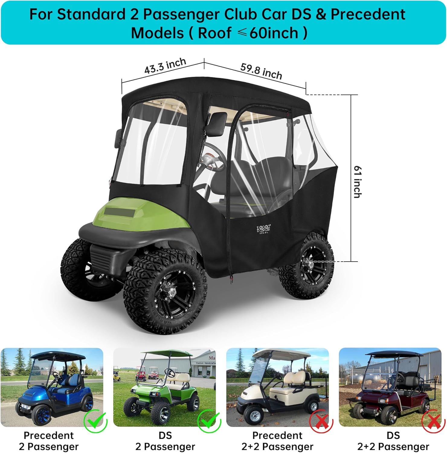 2 Passenger Golf Cart Enclosure Cover, All Weather Waterproof, 4-Sided Clear Window, Roll-up Zipper Door Y2904