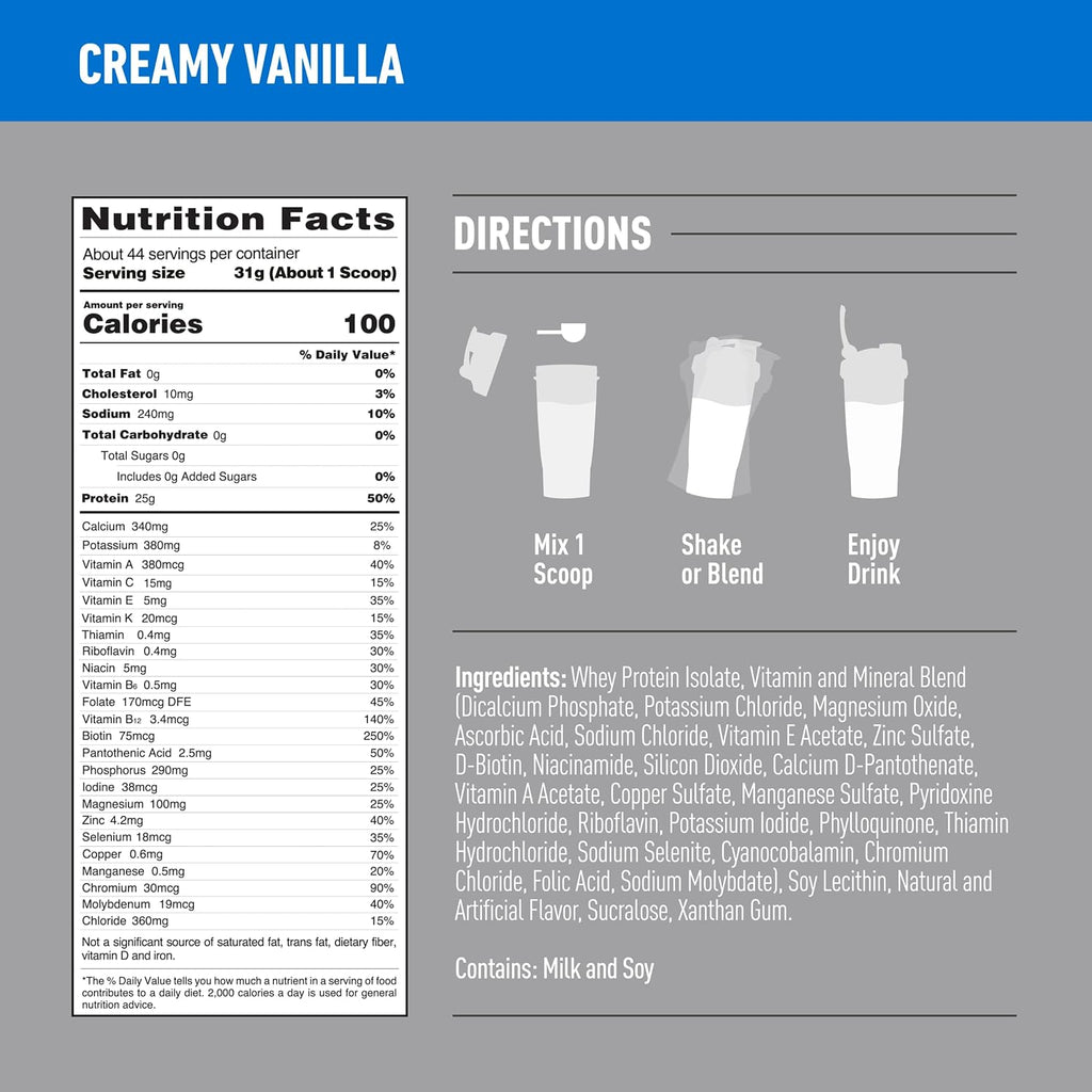 Creamy Vanilla Whey Protein Powder with Vitamin C & Zinc, 25g Protein, Zero Carb, 44 Servings E6881