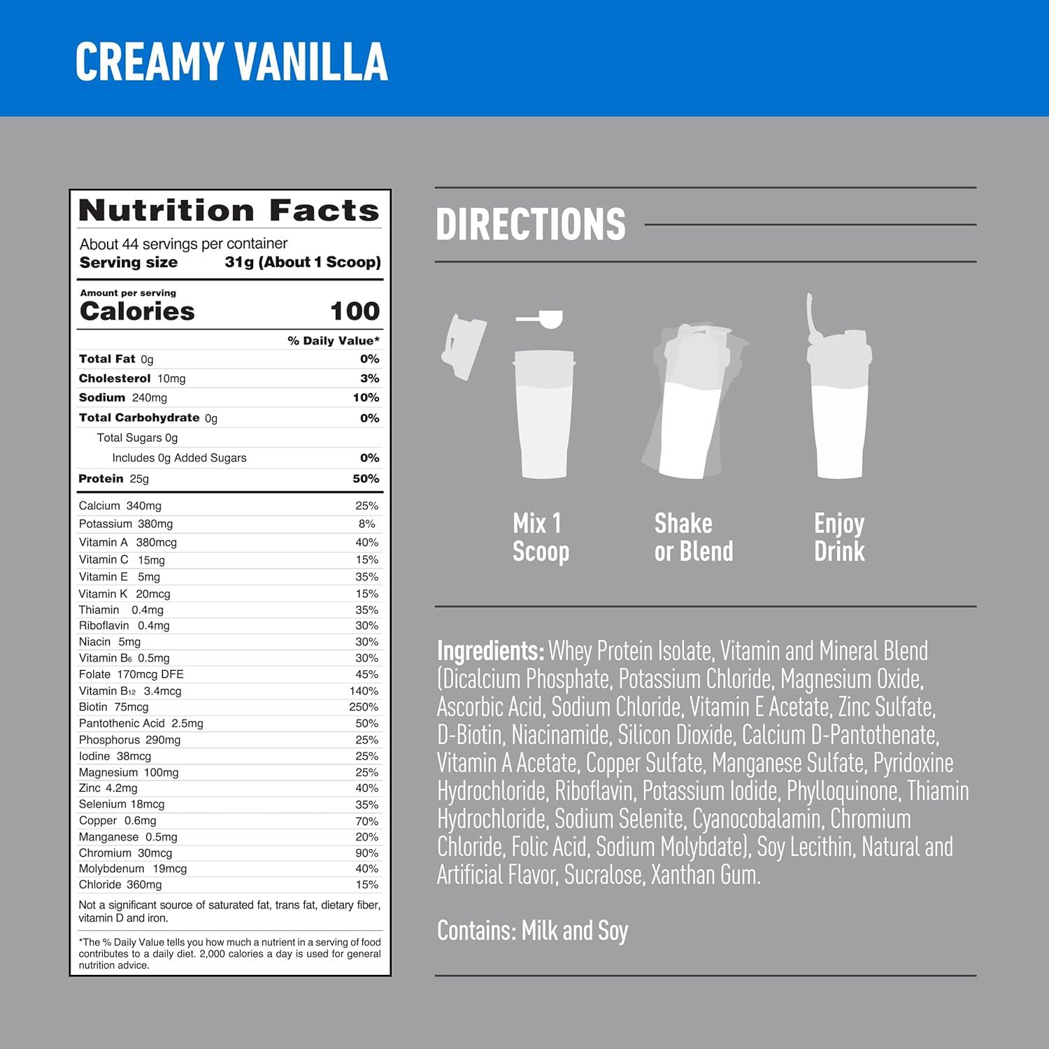 Creamy Vanilla Whey Protein Powder with Vitamin C & Zinc, 25g Protein, Zero Carb, 44 Servings E6881