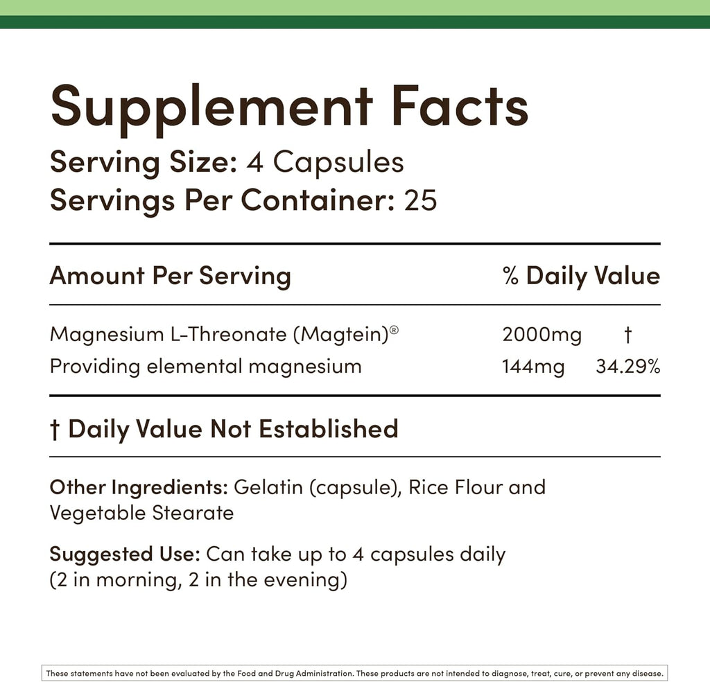 Magnesium L-Threonate Capsules, 2000 mg, 100 Count P2229