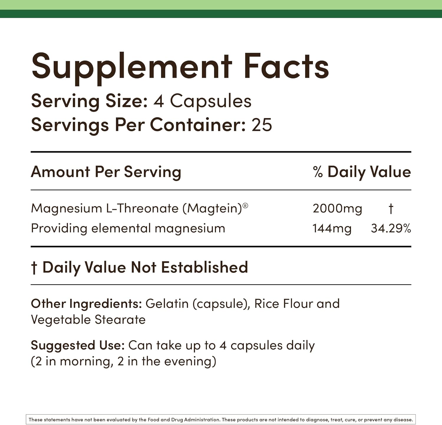 Magnesium L-Threonate Capsules, 2000 mg, 100 Count P2229