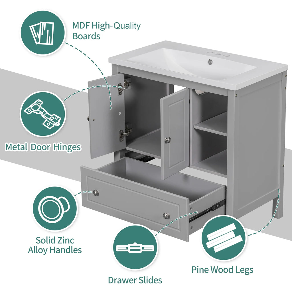 Bathroom Vanity Base with Doors and Drawers, Solid Wood Frame, Grey C98870