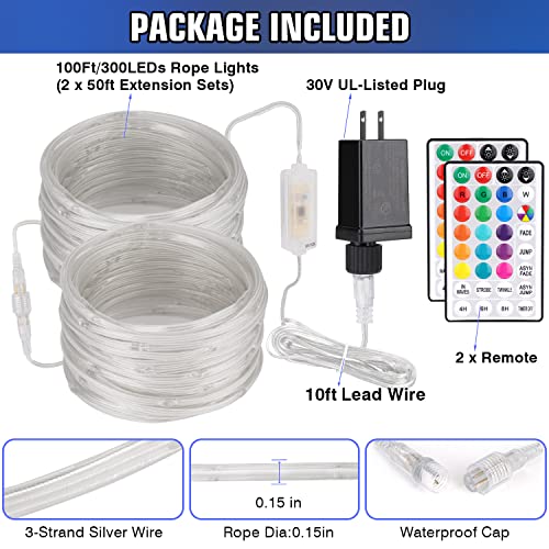 100FT 300 LED Connectable Rope Lights, 18 Color Changing Outdoor String Lights with Remote, IP68 Waterproof B33119