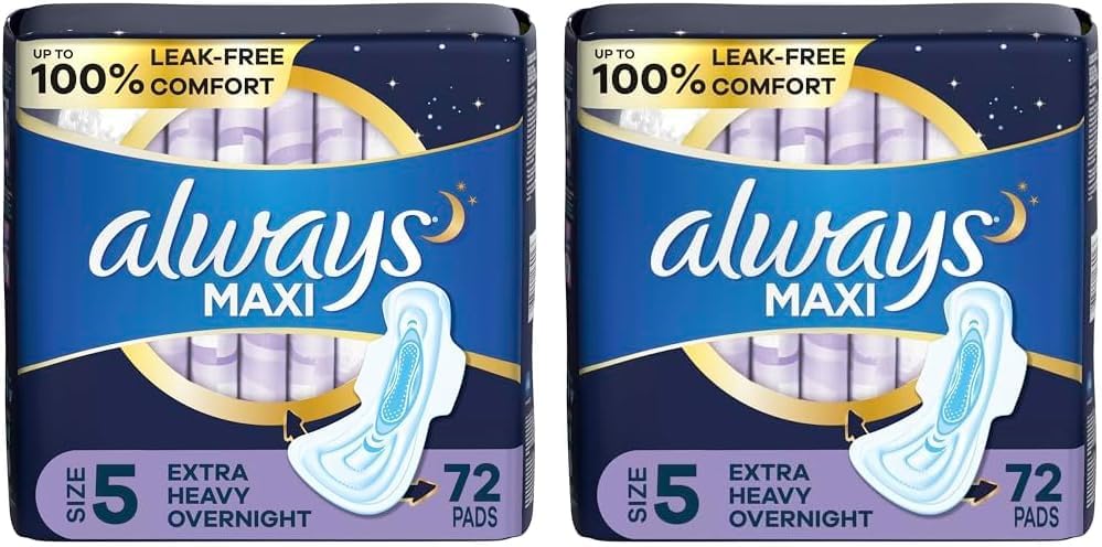 Always Maxi Overnight Pads with Wings, Size 5, Extra Heavy Overnight, Unscented, 72 Count (Pack of 2)