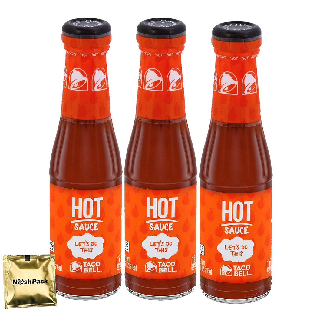NOSH PACK Taco Bill Hot Sauce Bottle, 3 Pack Taco Sauce Condiment Seasoning for Tacos Salad Chips Quesadilla Chicken Tex Mex Burritos and More, 7.5 Ounces Each with Nosh Pack Mints