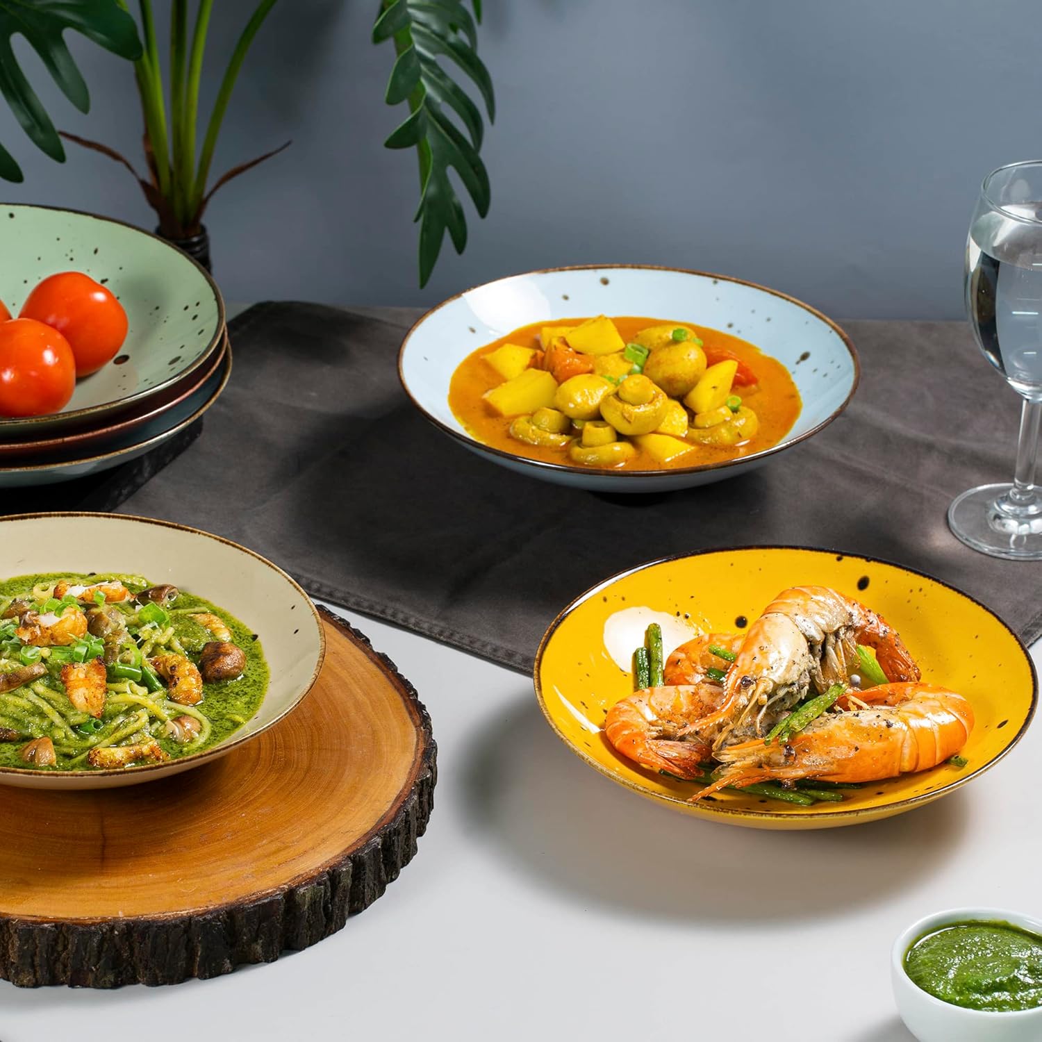 8.1" Porcelain Pasta Bowl, 26 oz Salad Bowls, Microwave & Dishwasher Safe, Stackable, Set of 6 E685