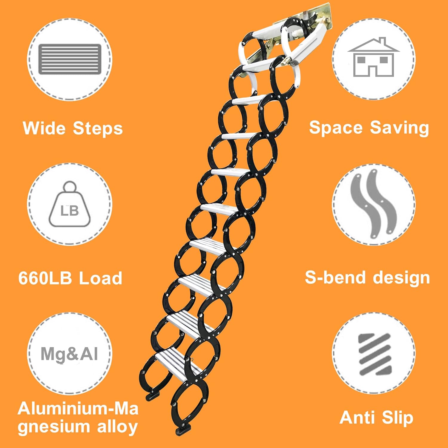Folding Attic Ladder, Wall-Mounted Retractable Loft Stairs, 12 Steps, 9.8ft Max Height R160035