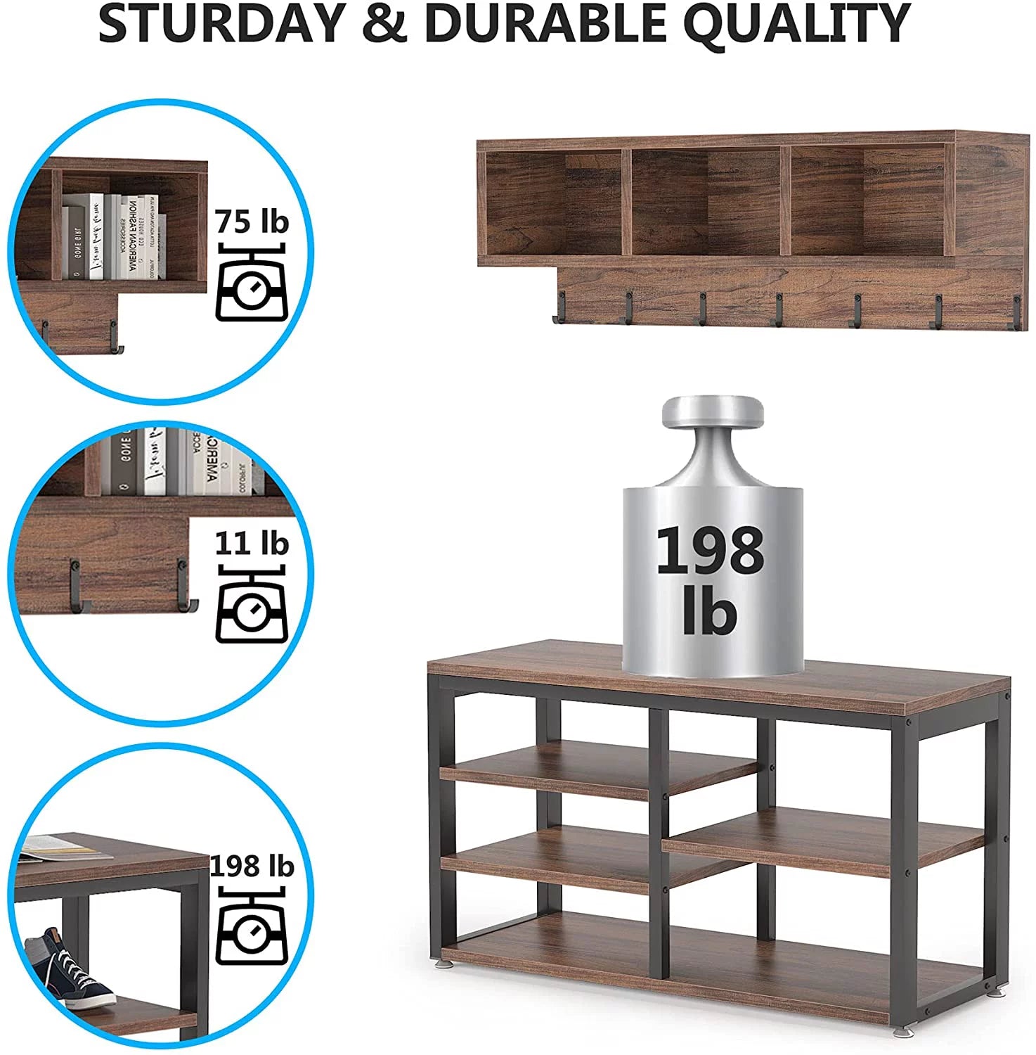 Hall Tree with Bench, 3 Storage Cubbies, 7 Hooks for Entryway T936
