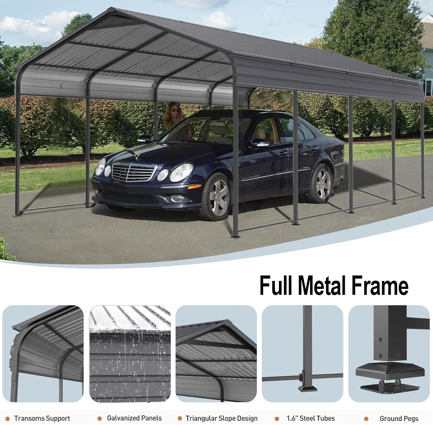Carport 10 x 20 ft Heavy Duty Metal Canopy with Galvanized Steel Roof Frame, Outdoor Car Shelter Tent O390091