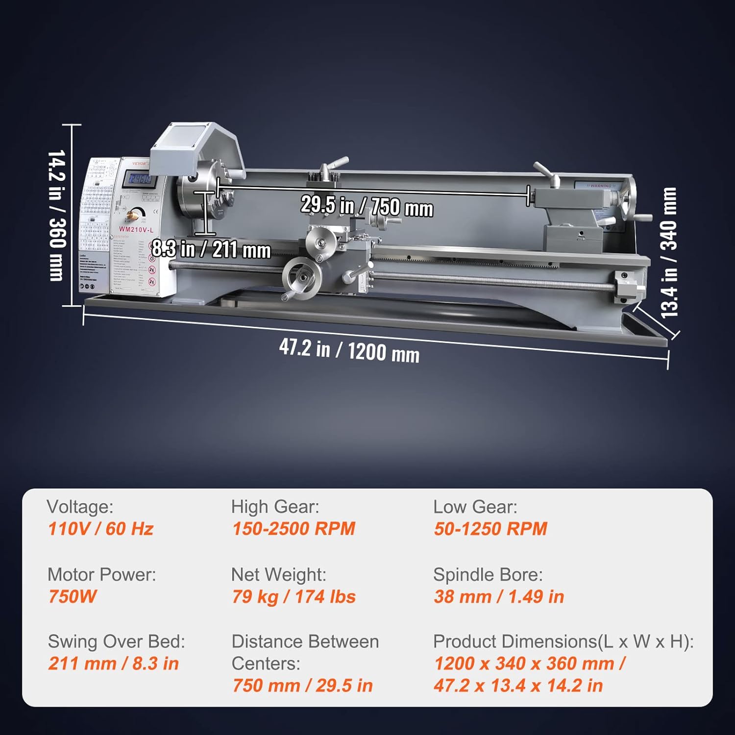 Metal Lathe Machine, 8.3" x 29.5", 0-2500 RPM, 750W Brushless Motor A222470