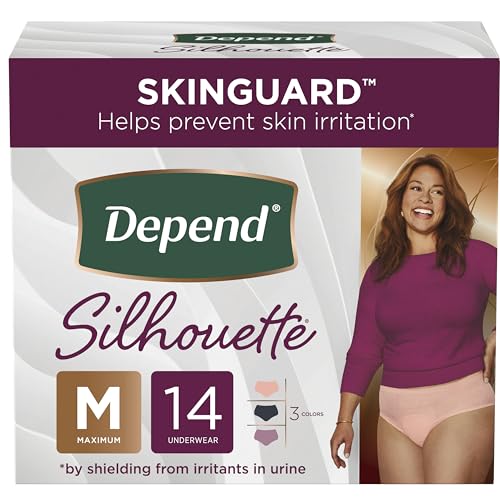 Depend Silhouette Adult Incontinence & Postpartum Bladder Leak Underwear for Women, Maximum Absorbency, Medium, Pink, 14 Count, Packaging May Vary