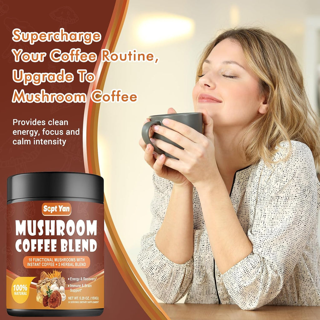 Mushroom Coffee with 10 Mushrooms, Instant Coffee Powder for Energy and Focus A3924