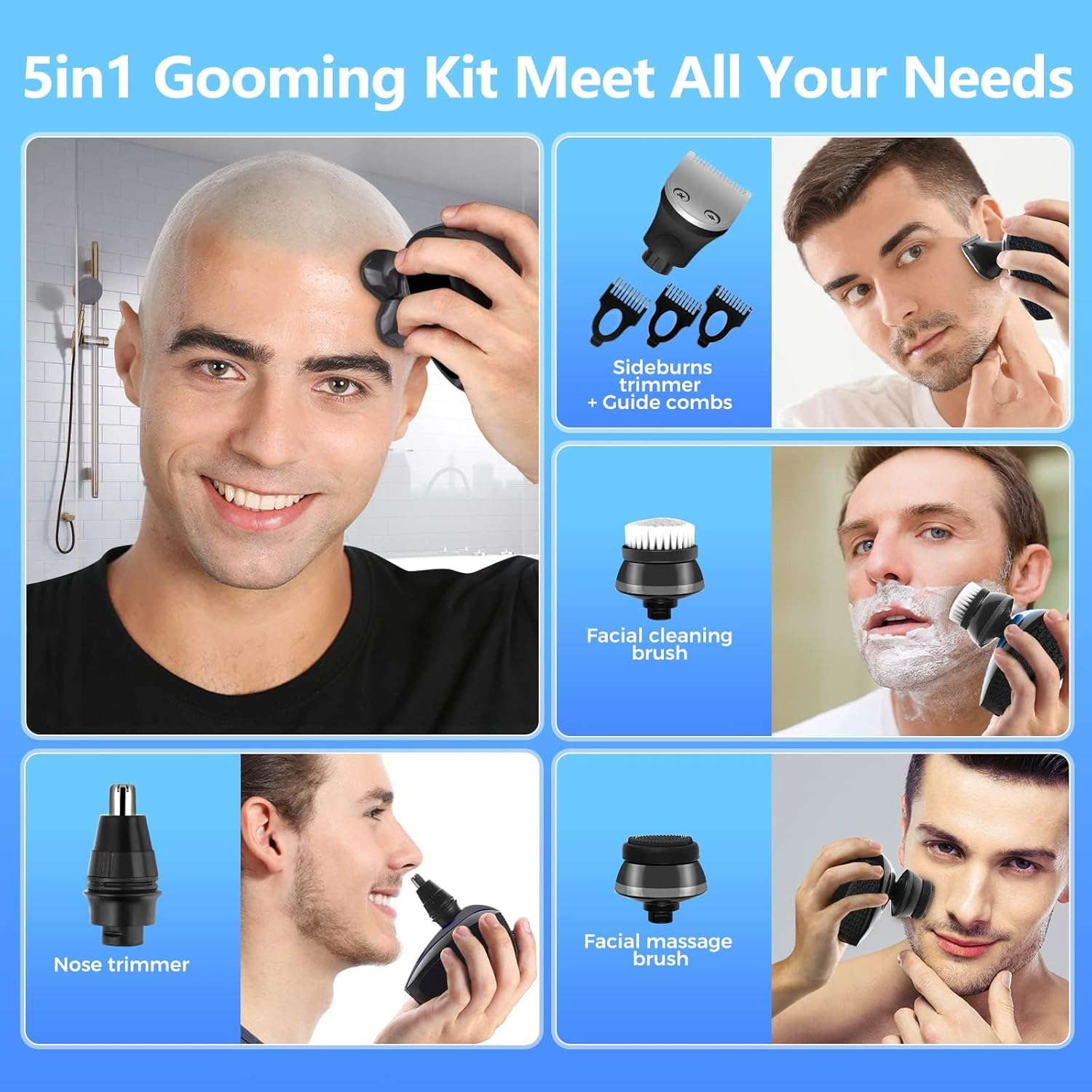 Head Shaver for Bald Men, 5 in 1 Cordless Electric Razor, Waterproof Wet/Dry Grooming Kit W854