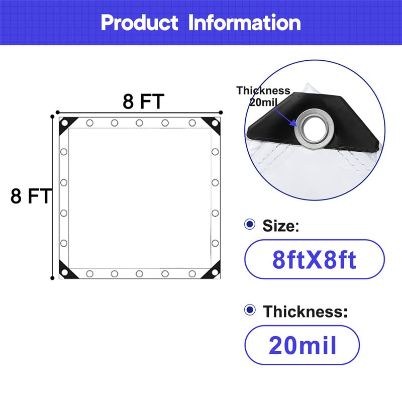 Clear Vinyl Tarp 8x8 FT Waterproof Heavy Duty with Metal Grommets K651