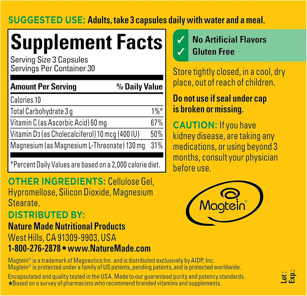 Magnesium L-Threonate with Vitamin C & D3, Cognitive Support Supplement, 90 Capsules L7179