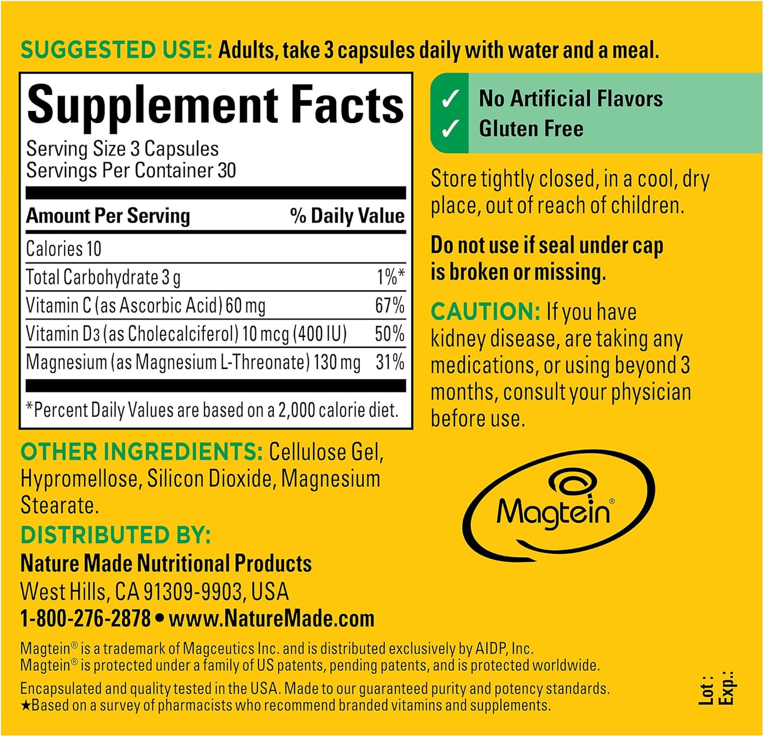 Magnesium L-Threonate with Vitamin C & D3, Cognitive Support Supplement, 90 Capsules L7179