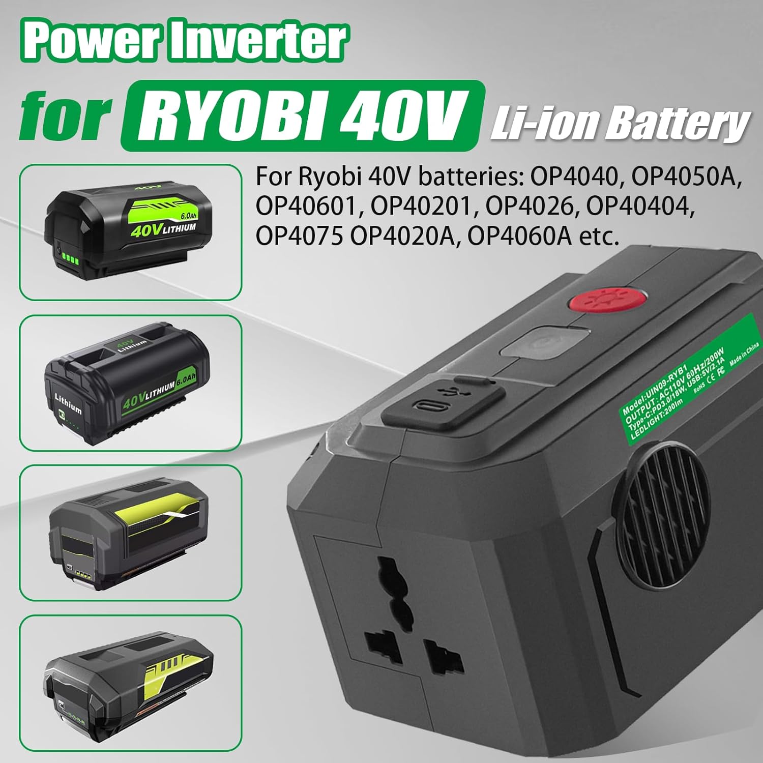 200W Power Inverter for 40V Battery, DC 18V to AC 110V with USB and Type-C Ports L683
