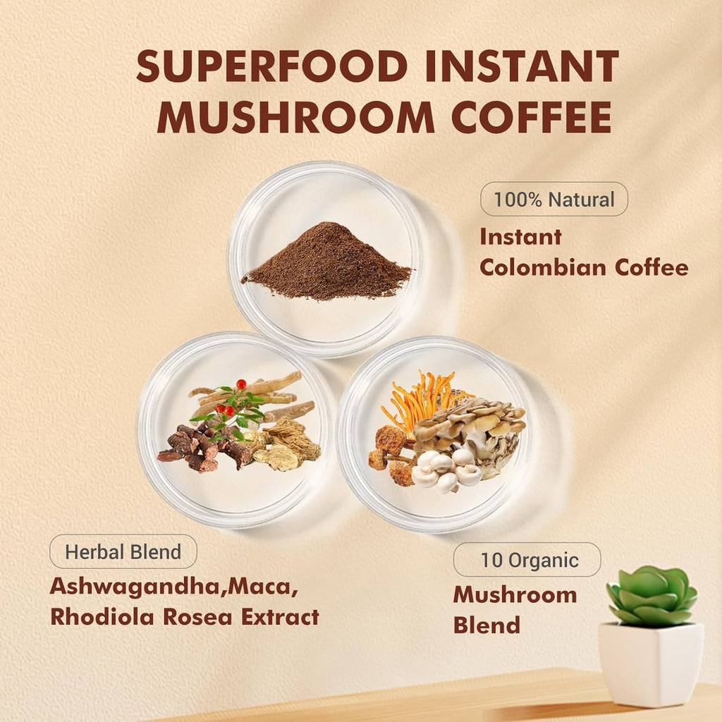 Mushroom Coffee with 10 Mushrooms, Instant Coffee Powder for Energy and Focus A3924
