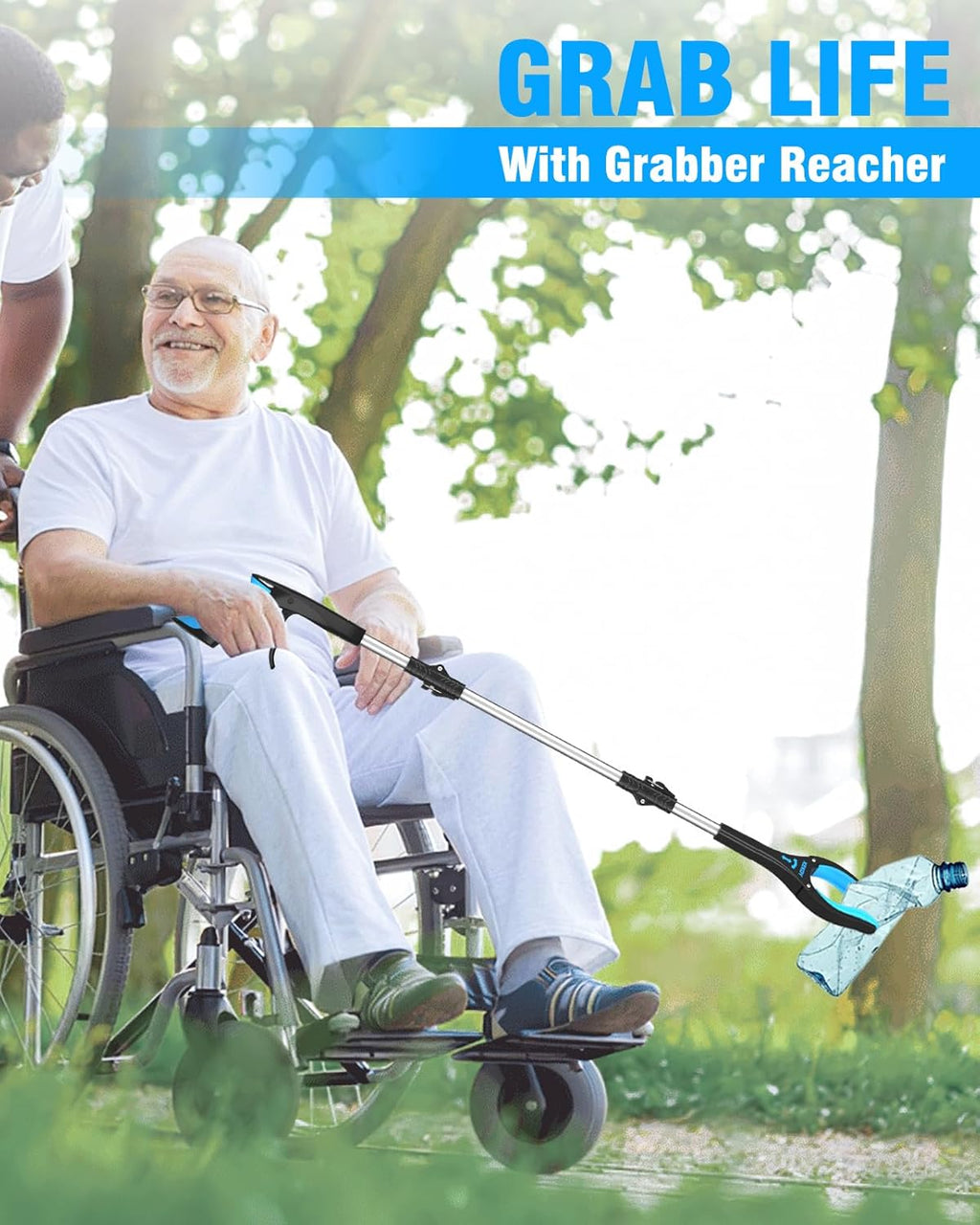 36" & 40" Foldable Reacher Tool for Elderly, Anti-Slip Rotating Jaw with Magnet, Blue W540