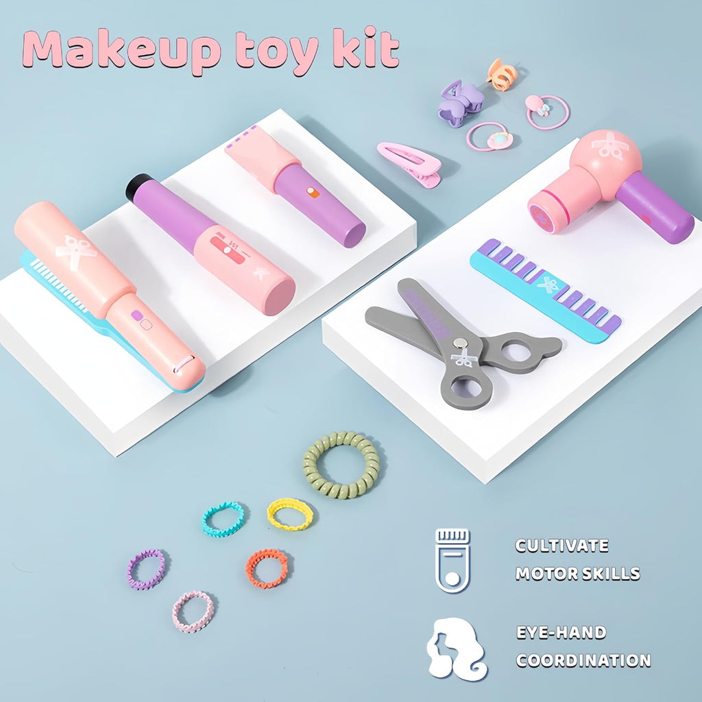 Wooden Makeup Toy Set for Girls with Hair Dryer and Styling Accessories Q81717