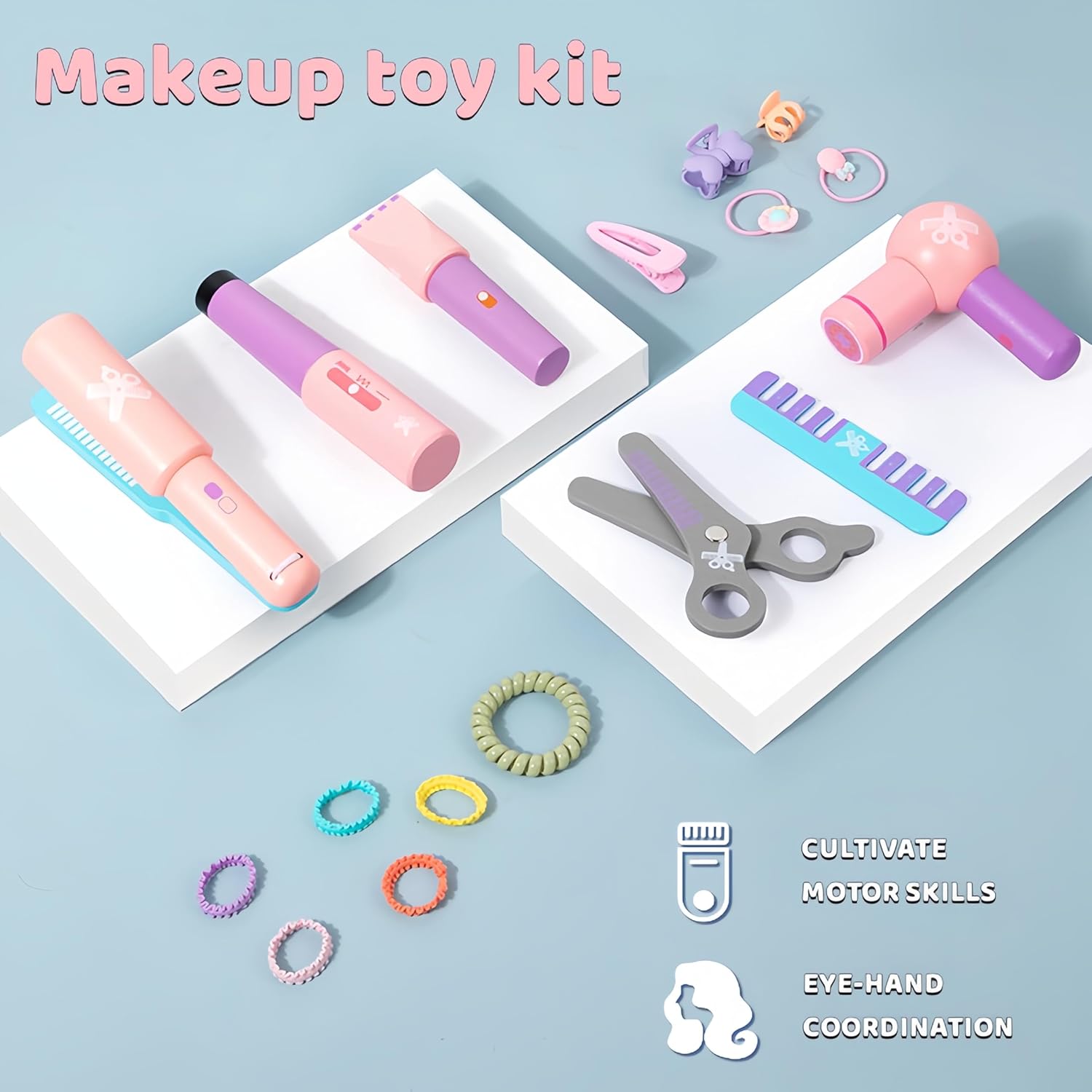 Wooden Makeup Toy Set for Girls with Hair Dryer and Styling Accessories Q81717