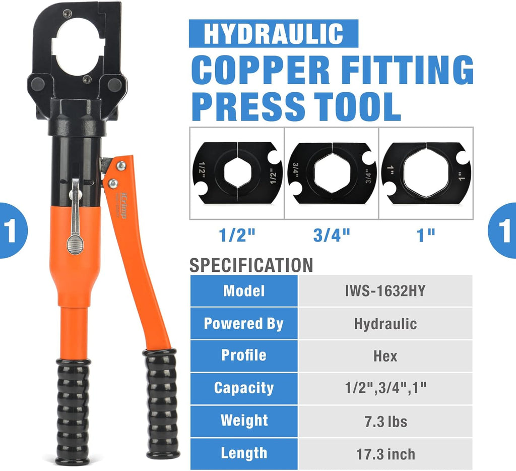 Hydraulic Copper Tubing Press Tool Kit for 1/2-in, 3/4-in, 1-in Fittings W530