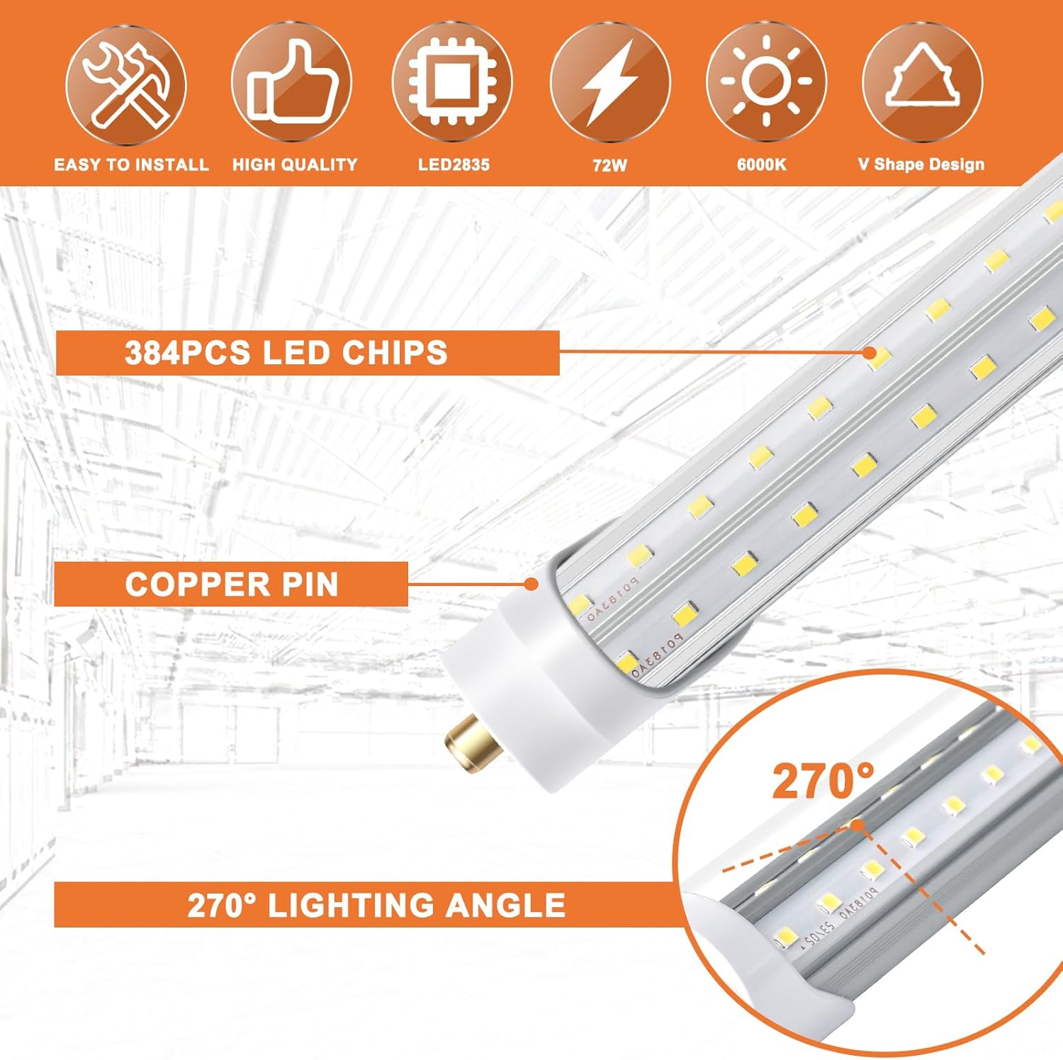 LED Shop Light Bulbs 8ft 72W 6000K 10000lm, T8 T10 T12 V Shape, Pack of 12 R240945