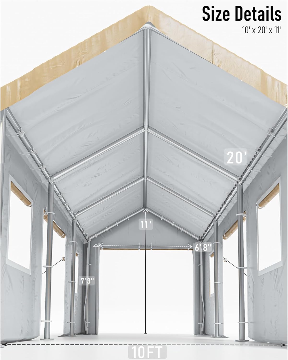 Carport 10x20 Portable Garage, Heavy Duty Steel Poles, 4 Roll-up Doors B534644