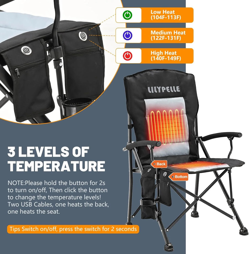 Heated Camping Chair, Padded Heavy Duty Folding Chair, Supports 400 lbs, Portable Outdoor Chair A83073