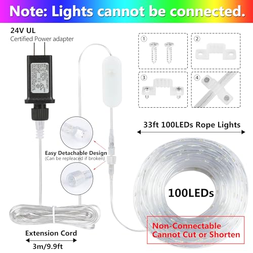 Outdoor Color Changing Rope Lights, 33ft Warm White with Remote A25438