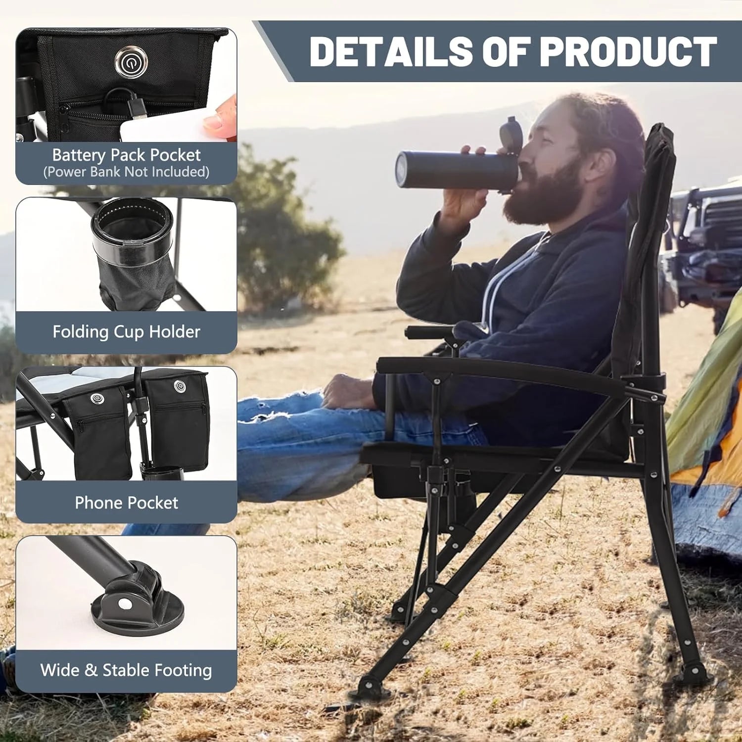 Heated Camping Chair, Padded Heavy Duty Folding Chair, Supports 400 lbs, Portable Outdoor Chair A83073