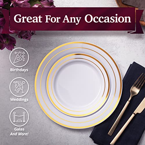 White Plastic Plates Disposable with Gold Trim, 50 Dinner Plates 10.25" + 50 Salad Plates 7.5" K987175
