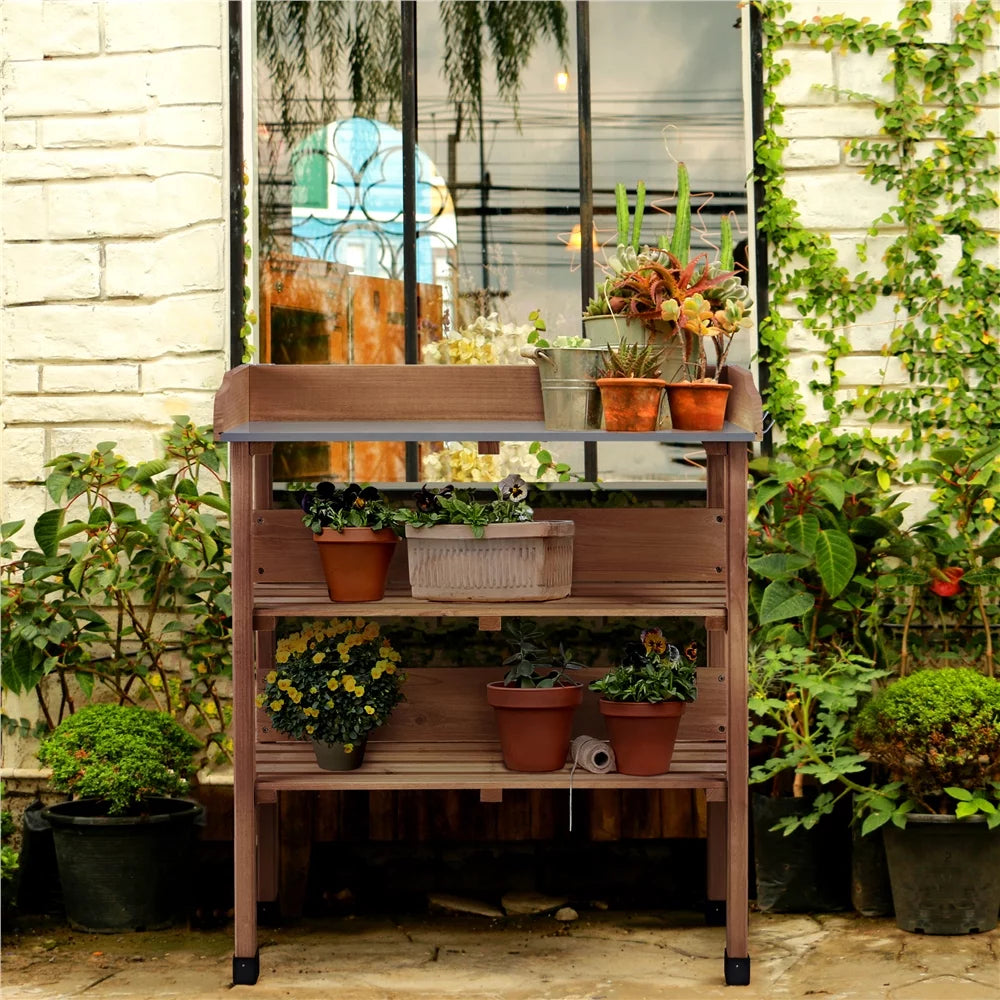 Outdoor Potting Bench Table with Storage Shelf A926247