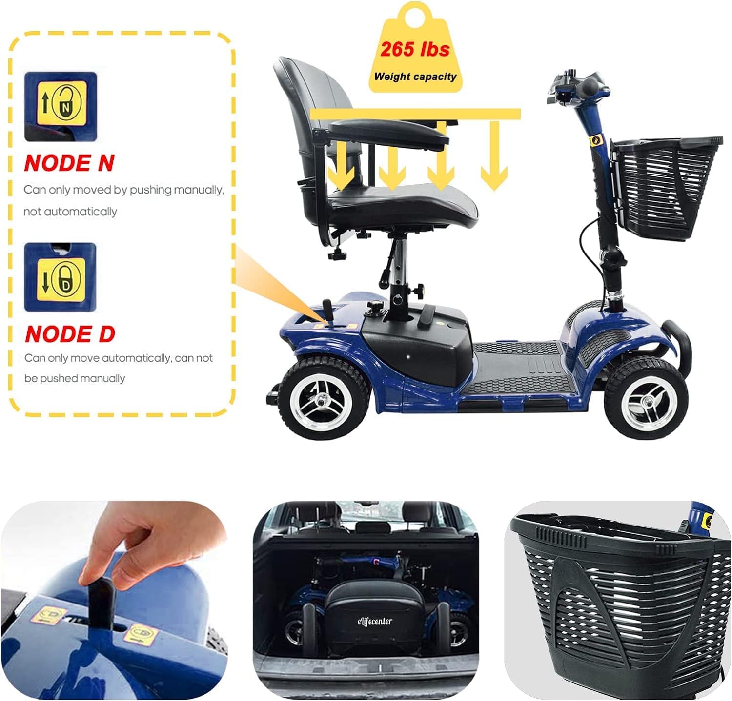 4 Wheel Mobility Scooter for Seniors, Collapsible Travel Scooter with Basket P96597