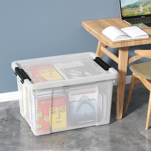 Clear Plastic Storage Bins with Wheels and Lids, 4-Pack I3938