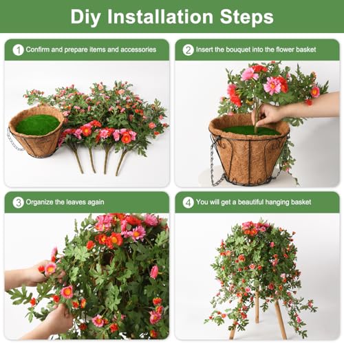 Artificial Hanging Flowers with Basket, Silk Chrysanthemum Arrangement, 4 Pack for Patio Garden Decor B671