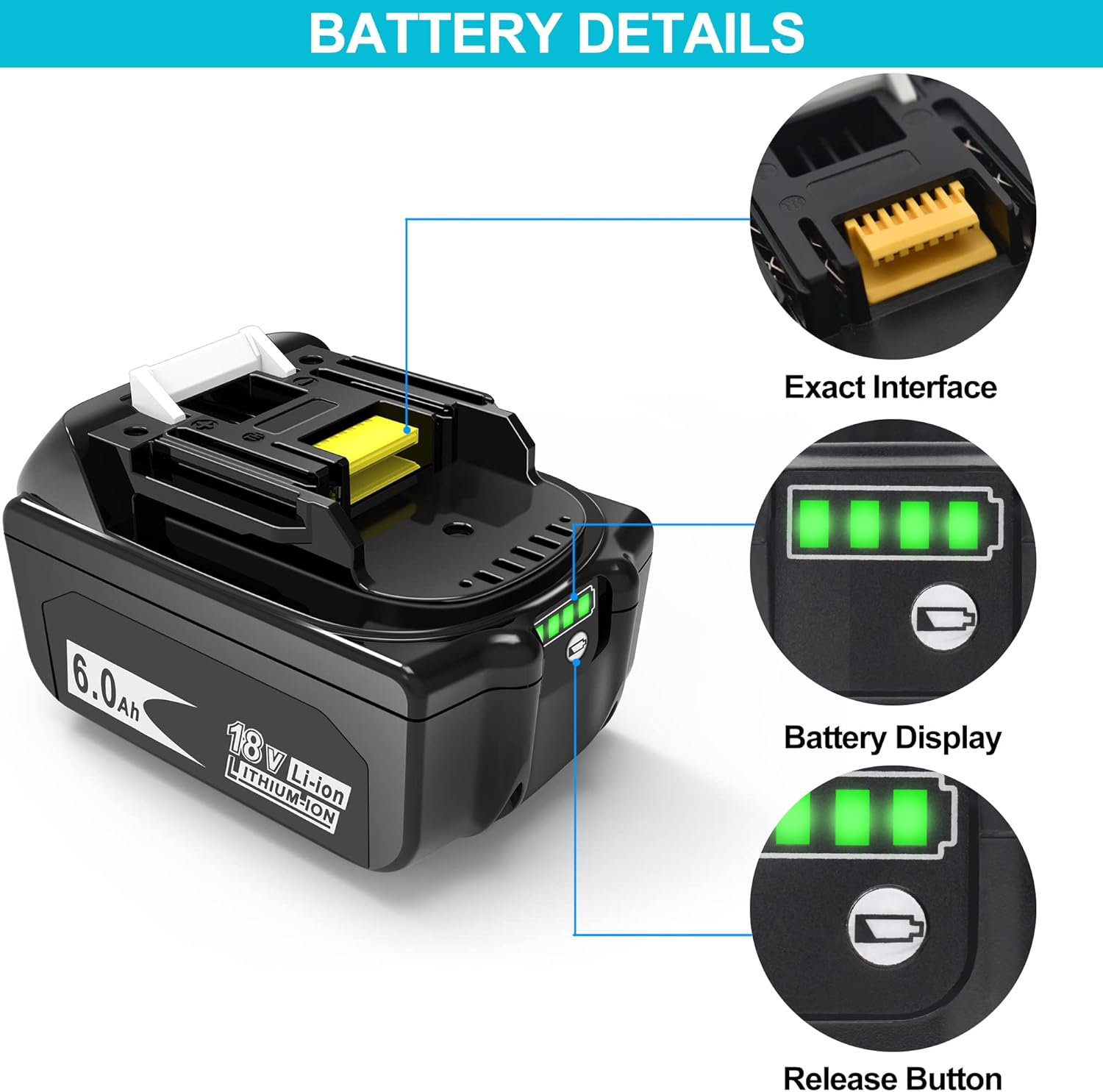 2 Pack 6.0Ah 18V Battery with LED Indicator for Cordless Power Tools J86468
