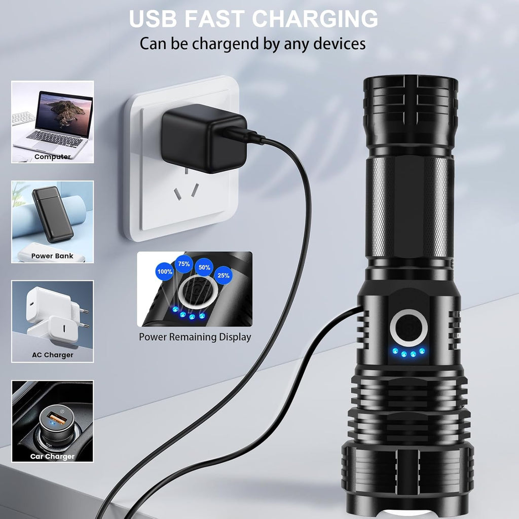 Rechargeable LED Flashlight 900,000 Lumens, 5 Modes, Waterproof, 12-Hour Runtime, 2 Pack P886492