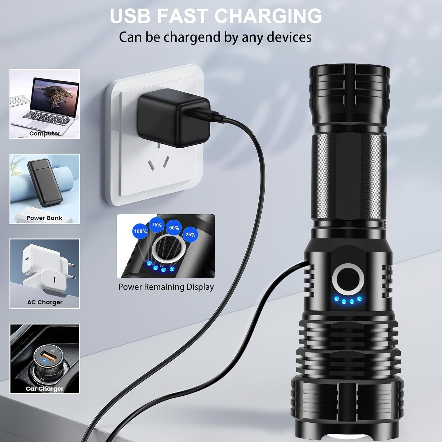 Rechargeable LED Flashlight 900,000 Lumens, 5 Modes, Waterproof, 12-Hour Runtime, 2 Pack P886492