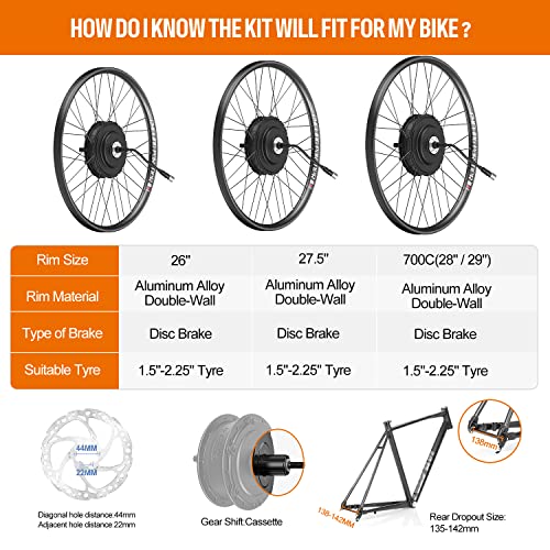 750W Rear Hub Motor Ebike Conversion Kit for 135-142mm Dropout, 26" 27.5" 700C P623