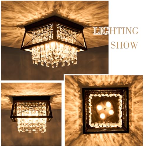 Crystal Flush Mount Ceiling Light, 11.8 inch 4-Light Black Farmhouse Metal Fixture Y816