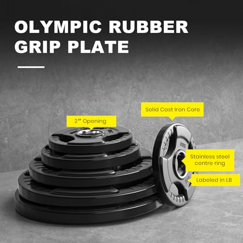 2-Inch Rubber Olympic Grip Weight Plates for Strength Training, Weightlifting, Solid Cast Iron Plate for Barbell N571