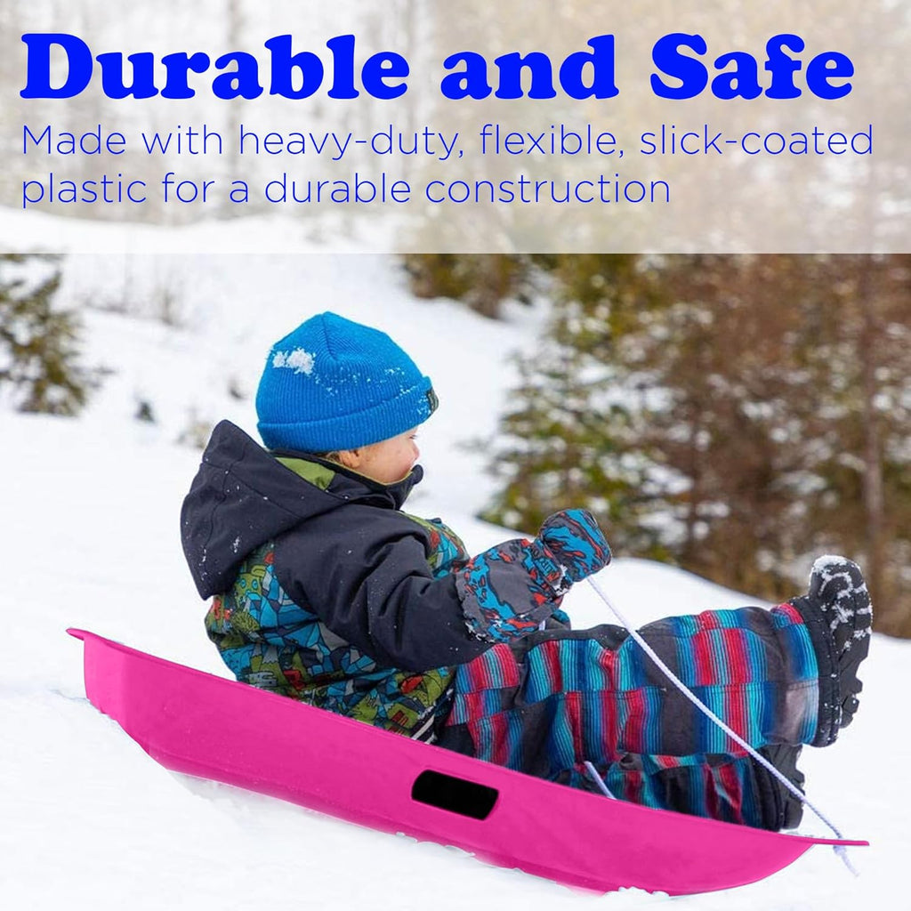 Plastic Toboggan Snow Sled for Kids with Pull Rope, Pink (3 Pack) I88453