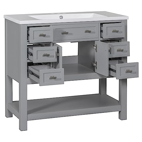 White Bathroom Vanity with Ceramic Vessel Sink and Storage O108